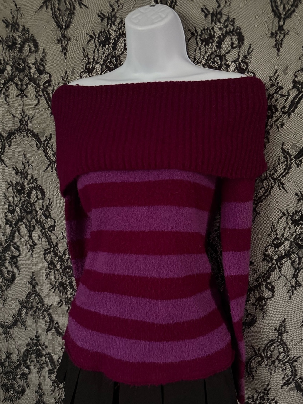 Love Rocks purple and burgundy striped off the shoulder sweater L